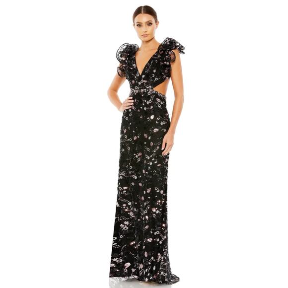 Mac Duggal 68043 Black Pink Beaded Lace Up Ruffle Gown Dress 4 NEW - Picture 1 of 8